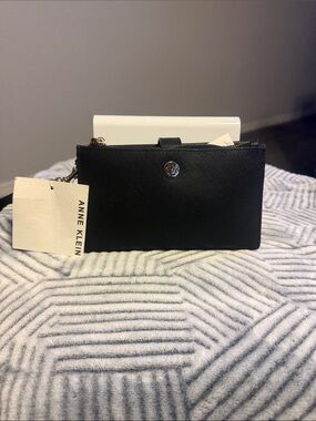 Anne Klein Black Saffiano Wristlet Wallet with Gold Accent